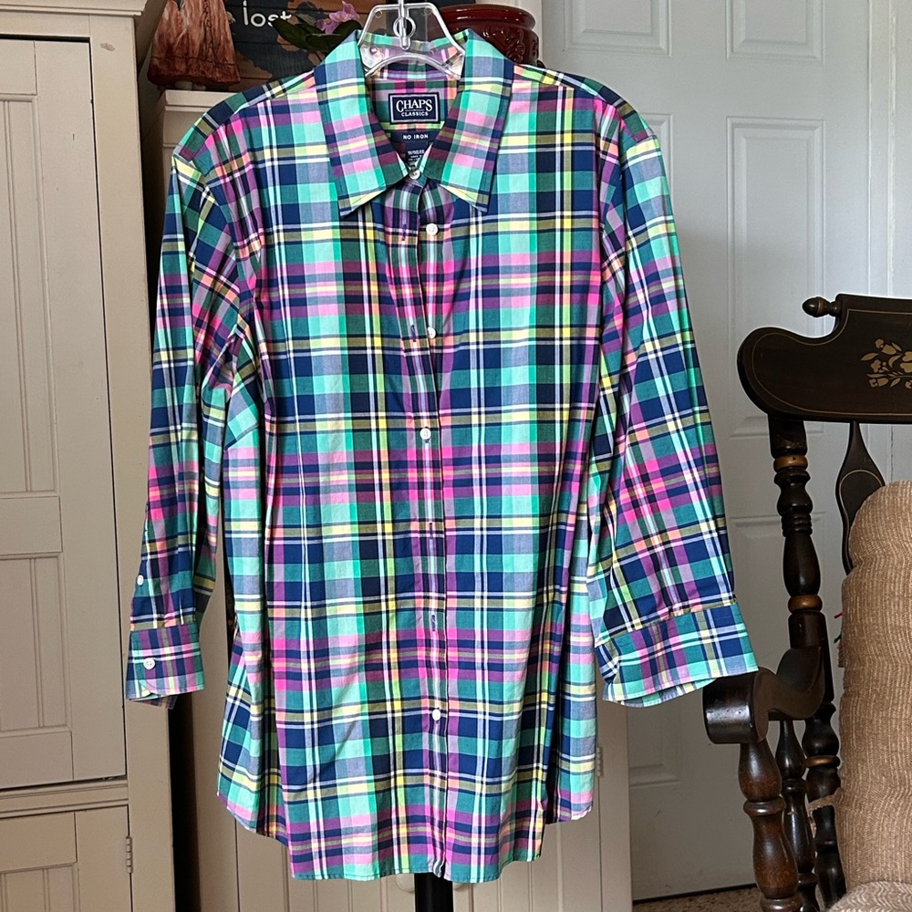 Chaps Women’s Vibrant Plaid Button Down 3/4 Length Sleeve Blouse Shirt